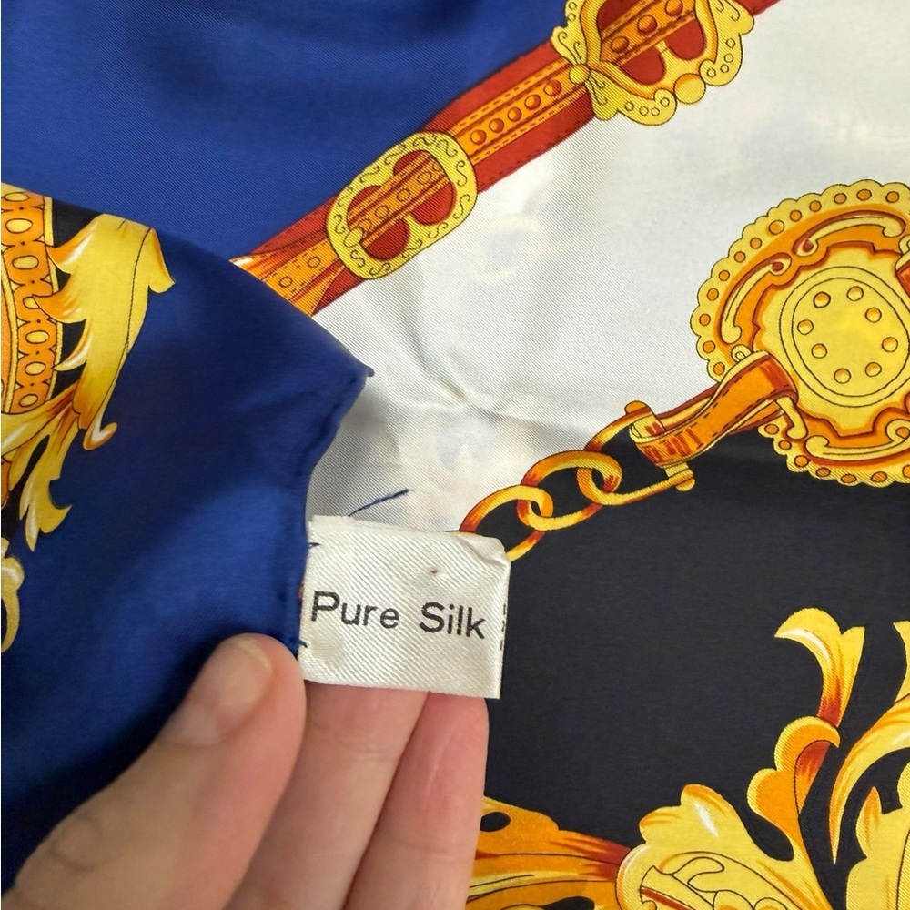 Bill Blass Vintage 100% Silk Scarf Blue Gold Baroque Chain Print - Picture 4 of 5